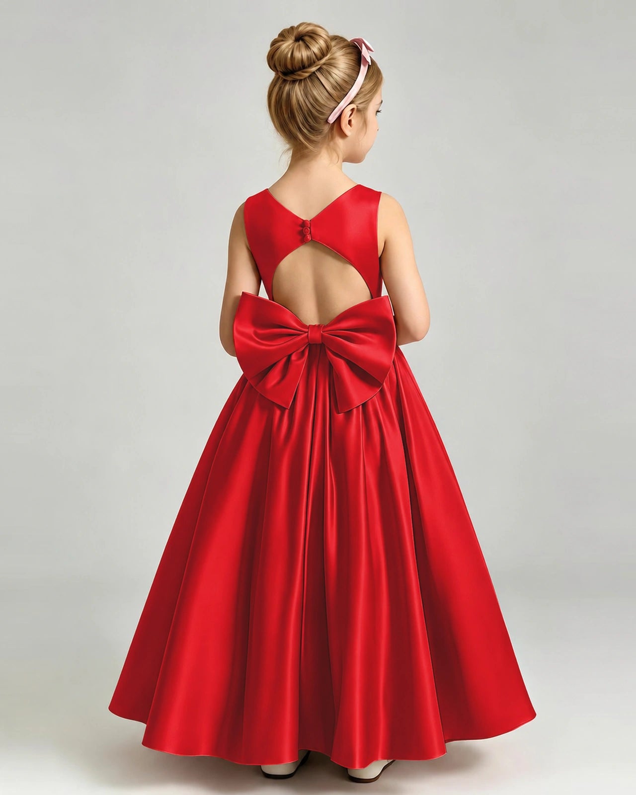 Red Flower Girl Dress Cutout Back Oversized Satin Bow A-Line Floor-Length Gown Back Full View 