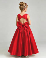Red Satin A-line Flower Girl Dress Back View
