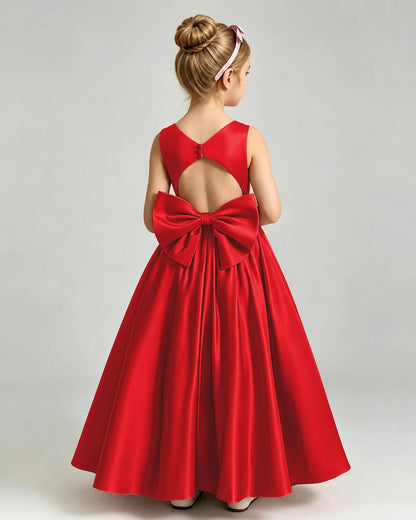 Red Flower Girl Dress Cutout Back Oversized Satin Bow A-Line Floor-Length Gown Back Full View 