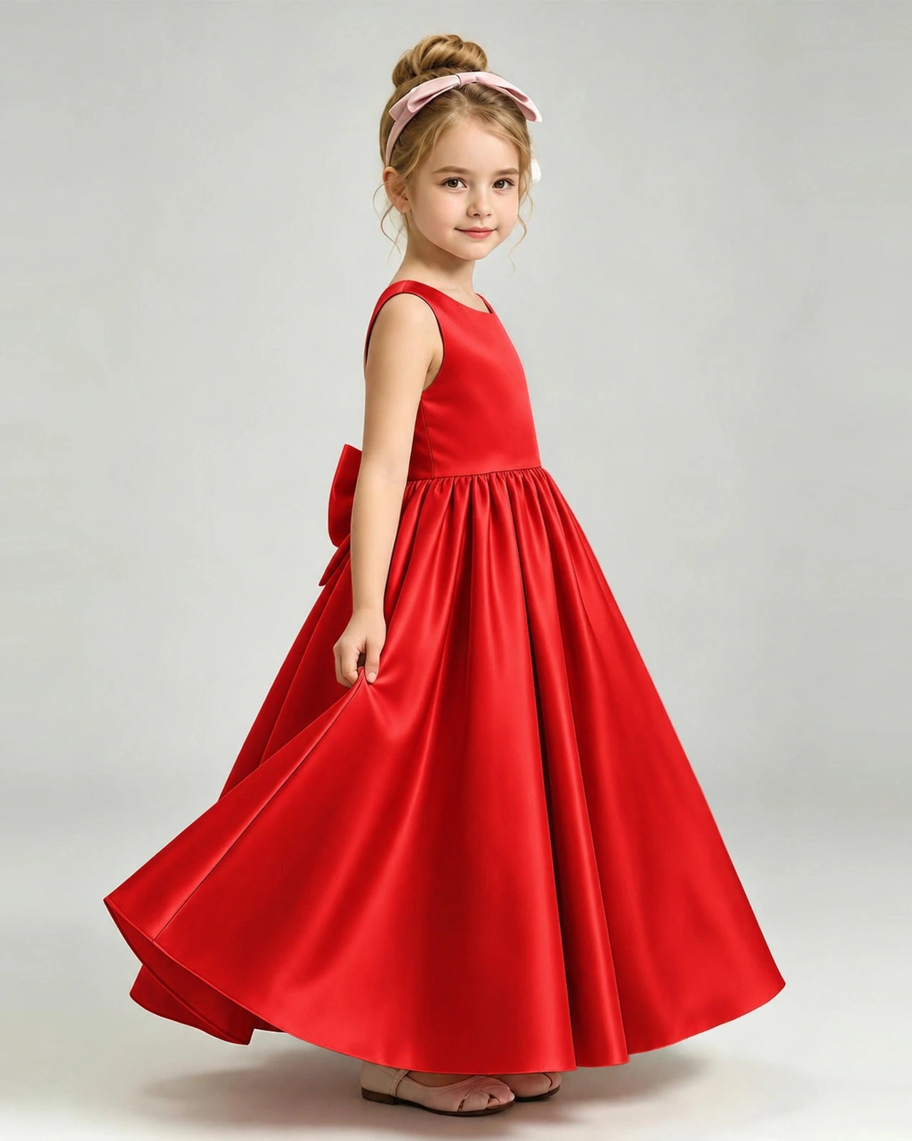 Red Flower Girl Dress Cutout Back Oversized Satin Bow A-Line Floor-Length Gown Side Full View 