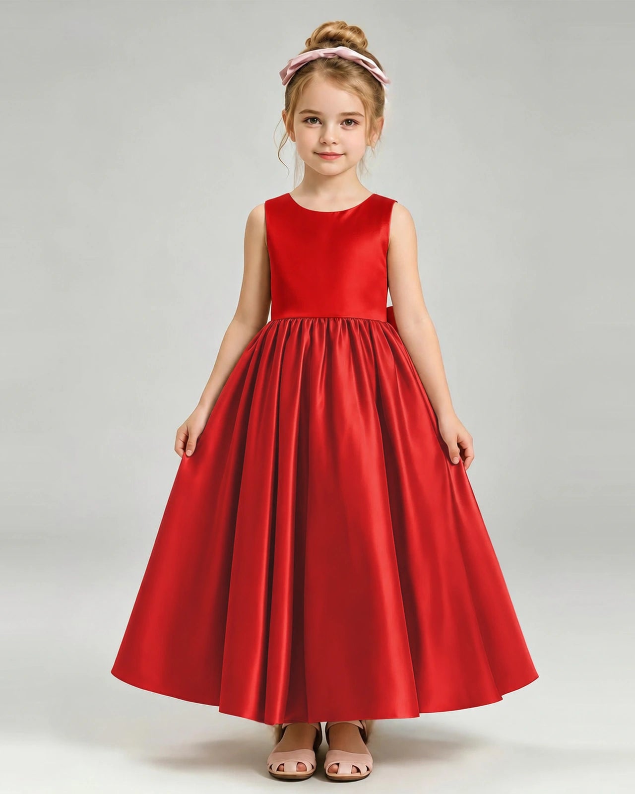 Red Flower Girl Dress Cutout Back Oversized Satin Bow A-Line Floor-Length Gown Front Full View 