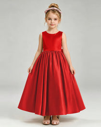 Red Flower Girl Dress Cutout Back Oversized Satin Bow A-Line Floor-Length Gown Front Full View 