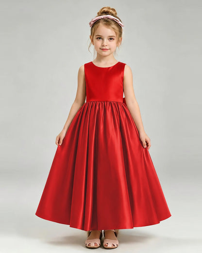 Red Flower Girl Dress Cutout Back Oversized Satin Bow A-Line Floor-Length Gown Front Full View 