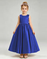 Royal Blue Satin A-line Flower Girl Dress Front View