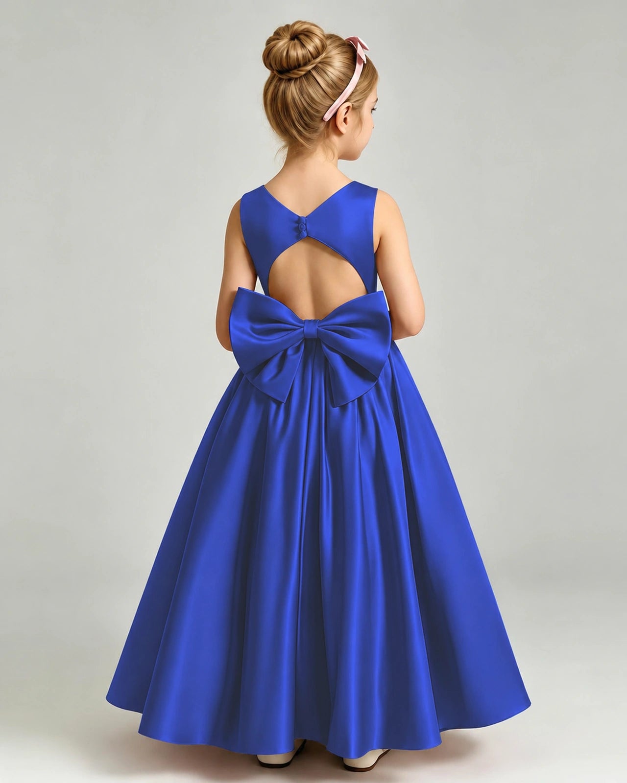 Royal Blue Flower Girl Dress Cutout Back Oversized Satin Bow A-Line Floor-Length Gown Back Full View 