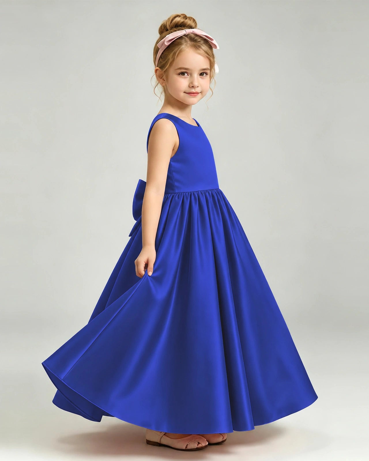 Royal Blue Flower Girl Dress Cutout Back Oversized Satin Bow A-Line Floor-Length Gown Side Full View 