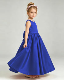 Royal Blue Flower Girl Dress Cutout Back Oversized Satin Bow A-Line Floor-Length Gown Side Full View 