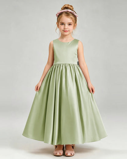 Sage GreenFlower Girl Dress Cutout Back Oversized Satin Bow A-Line Floor-Length Gown Front Full View 