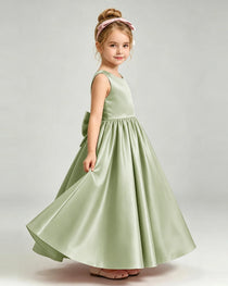 Sage GreenFlower Girl Dress Cutout Back Oversized Satin Bow A-Line Floor-Length Gown Side Full View 