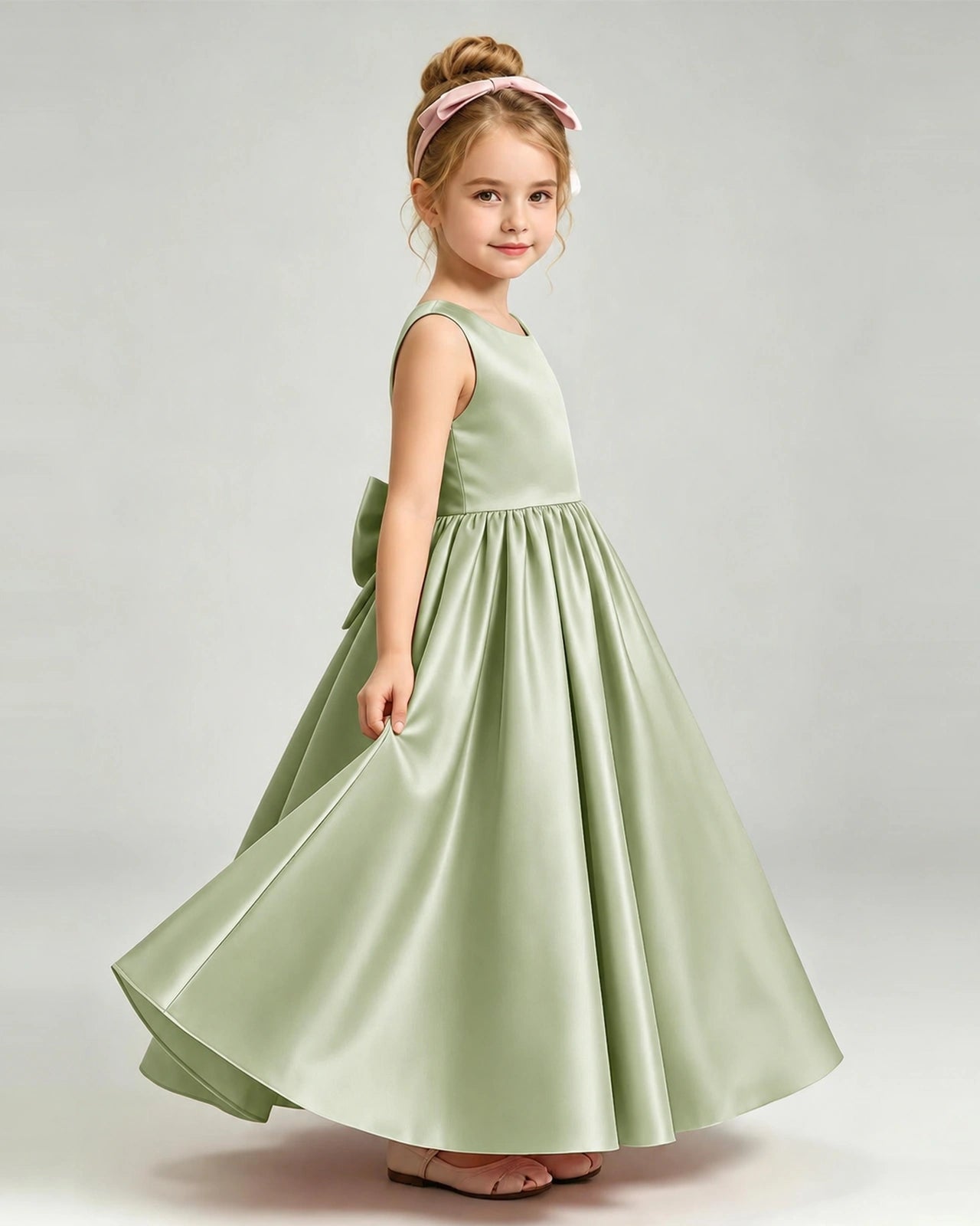 Sage GreenFlower Girl Dress Cutout Back Oversized Satin Bow A-Line Floor-Length Gown Side Full View 