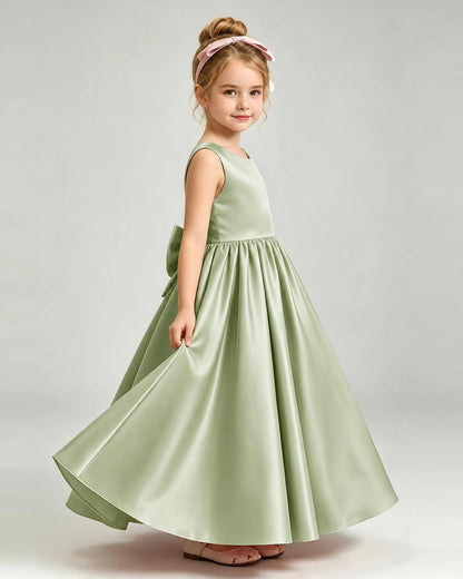 Sage GreenFlower Girl Dress Cutout Back Oversized Satin Bow A-Line Floor-Length Gown Side Full View 