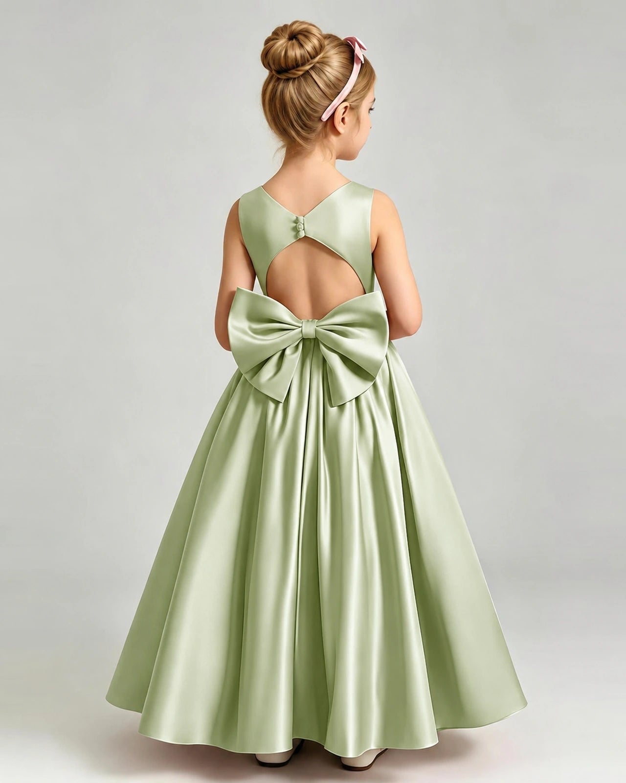 Sage GreenFlower Girl Dress Cutout Back Oversized Satin Bow A-Line Floor-Length Gown Back Full View 