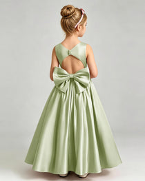 Sage GreenFlower Girl Dress Cutout Back Oversized Satin Bow A-Line Floor-Length Gown Back Full View 
