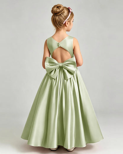 Sage GreenFlower Girl Dress Cutout Back Oversized Satin Bow A-Line Floor-Length Gown Back Full View 
