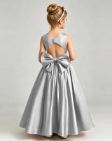 Silver Satin A-line Flower Girl Dress Back View