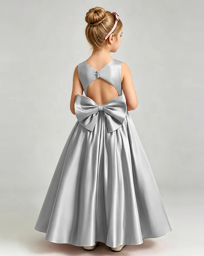Silver Satin A-line Flower Girl Dress Back View