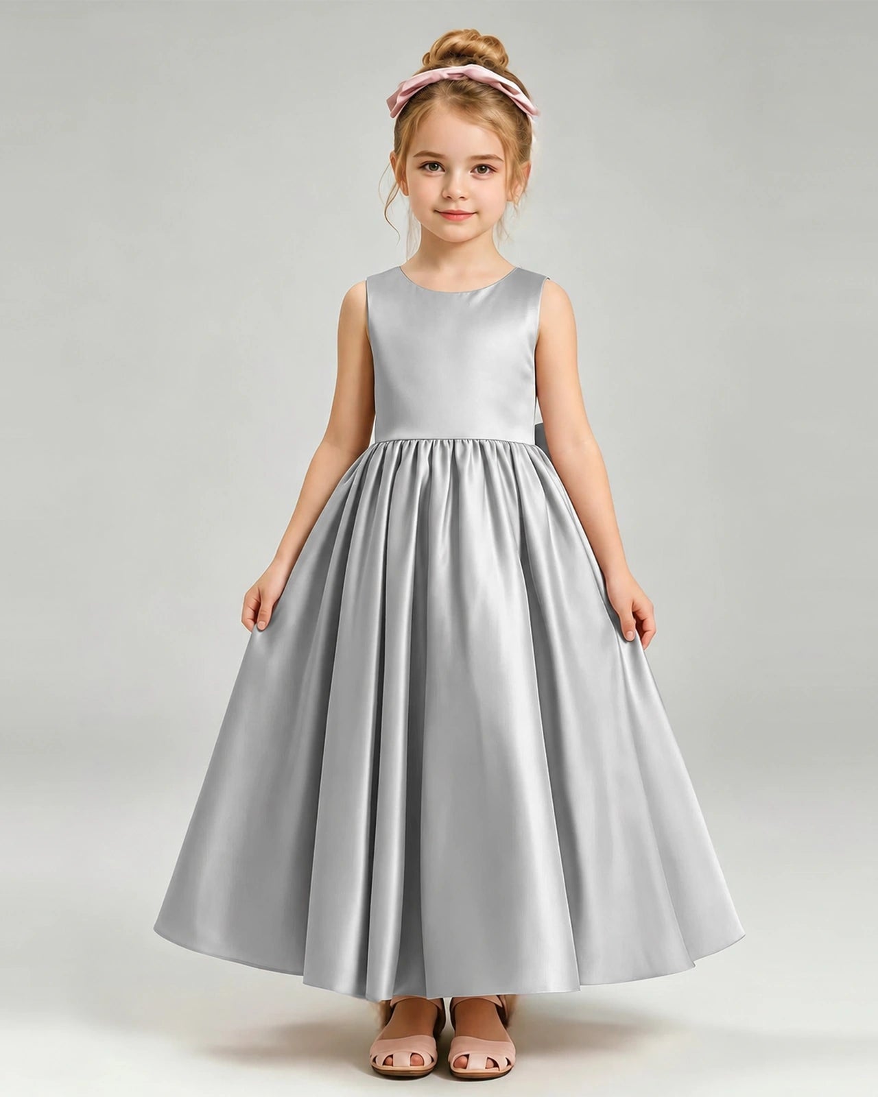 Silver Flower Girl Dress Cutout Back Oversized Satin Bow A-Line Floor-Length Gown Front Full View 