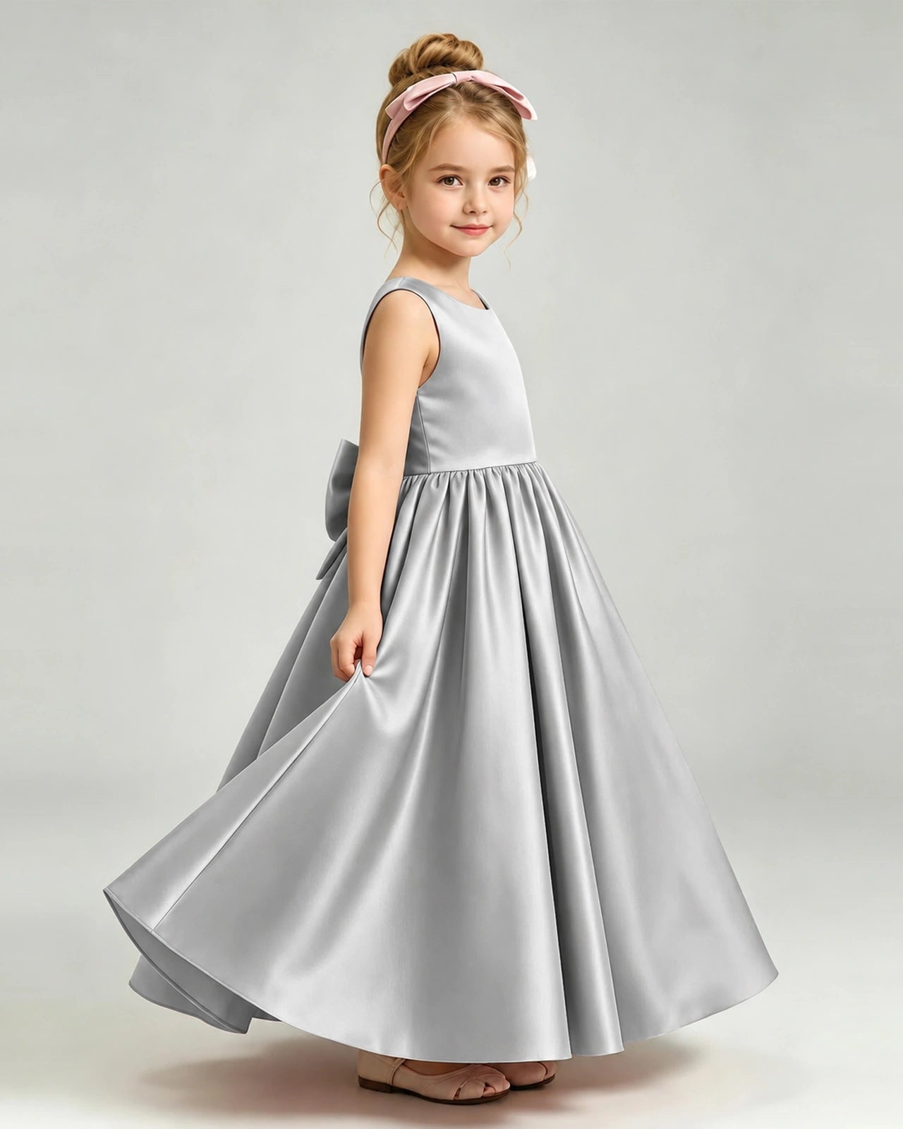 Silver Flower Girl Dress Cutout Back Oversized Satin Bow A-Line Floor-Length Gown Side Full View 