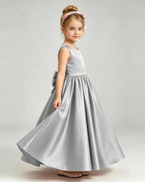 Silver Flower Girl Dress Cutout Back Oversized Satin Bow A-Line Floor-Length Gown Side Full View 