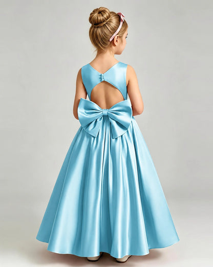 Sky Blue Flower Girl Dress Cutout Back Oversized Satin Bow A-Line Floor-Length Gown Back Full View 