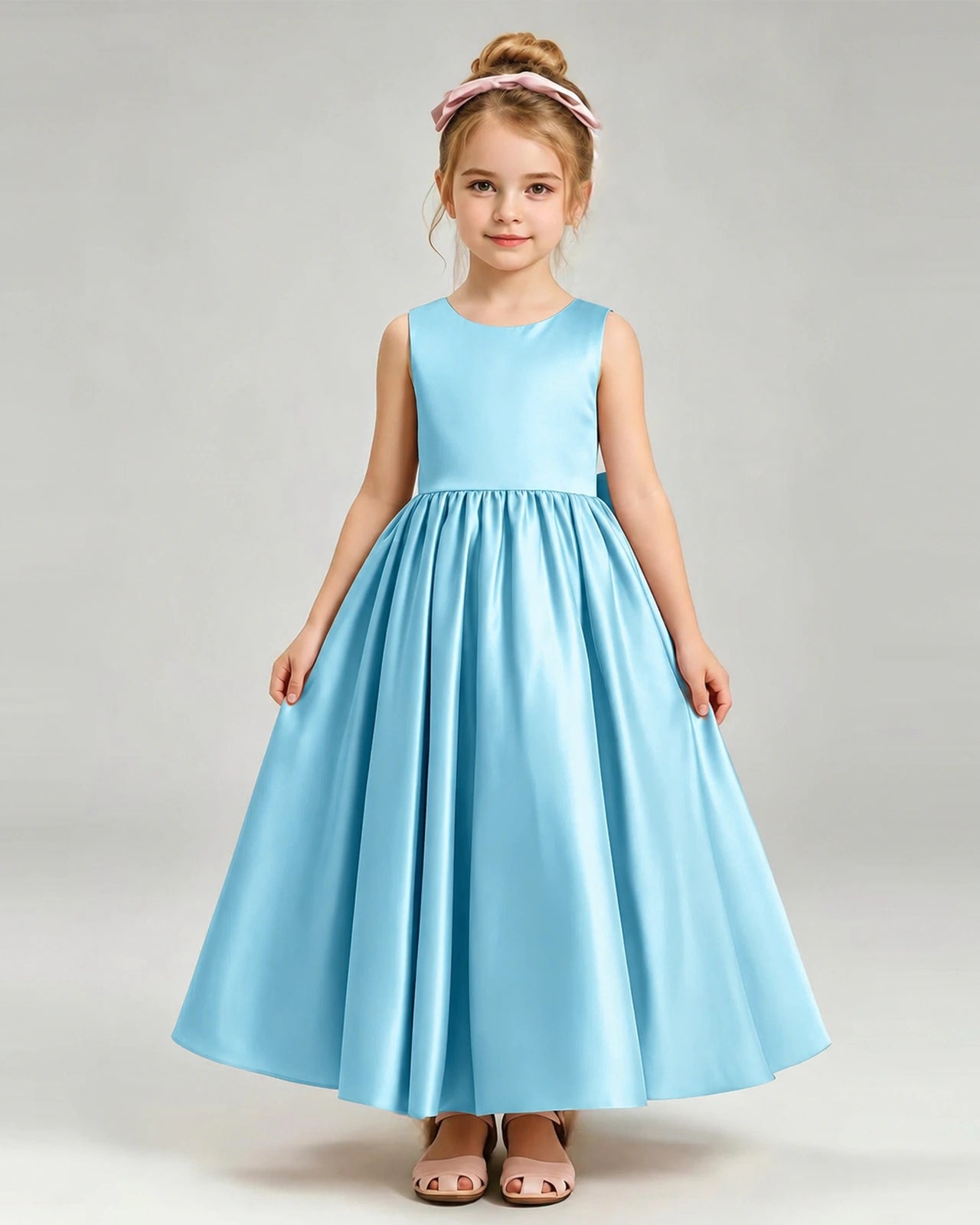 Sky Blue Flower Girl Dress Cutout Back Oversized Satin Bow A-Line Floor-Length Gown Front Full View 