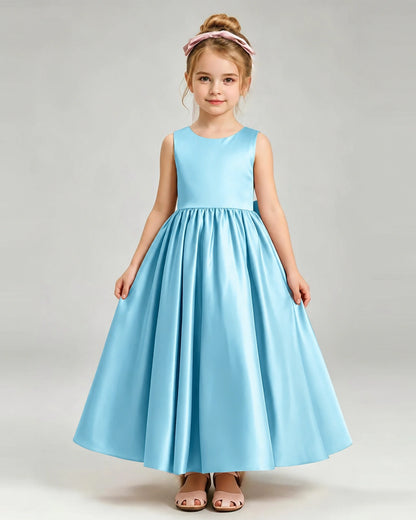 Sky Blue Flower Girl Dress Cutout Back Oversized Satin Bow A-Line Floor-Length Gown Front Full View 