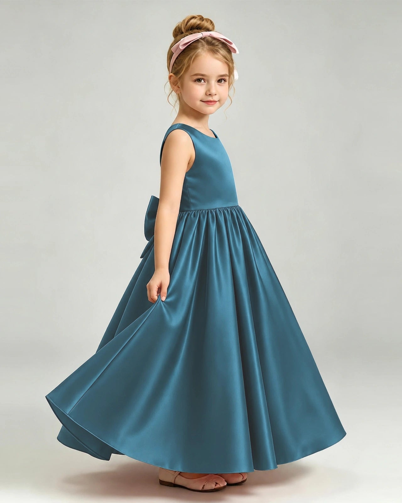 Teal Flower Girl Dress Cutout Back Oversized Satin Bow A-Line Floor-Length Gown Side Full View 