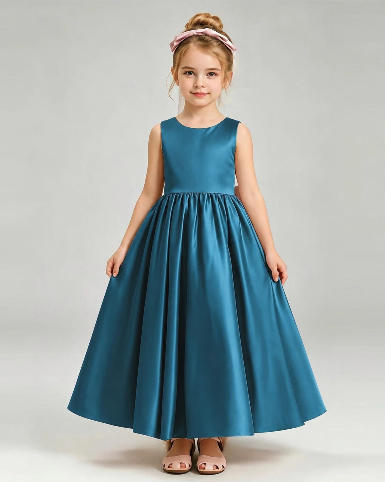 Teal Flower Girl Dress Cutout Back Oversized Satin Bow A-Line Floor-Length Gown Front Full View 