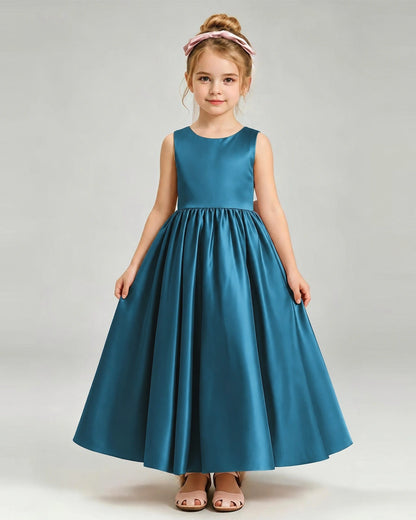 Teal Flower Girl Dress Cutout Back Oversized Satin Bow A-Line Floor-Length Gown Front Full View 