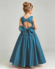 Teal Flower Girl Dress Cutout Back Oversized Satin Bow A-Line Floor-Length Gown Back Full View 