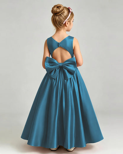 Teal Flower Girl Dress Cutout Back Oversized Satin Bow A-Line Floor-Length Gown Back Full View 