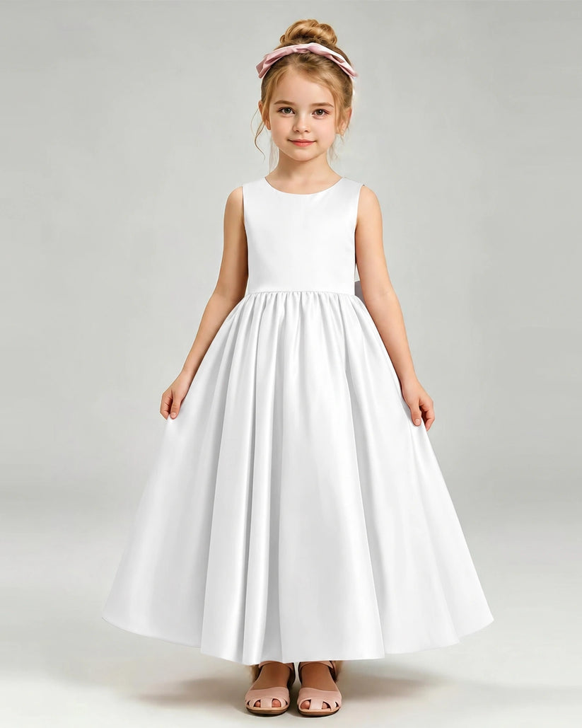 White Satin A-line Flower Girl Dress Front View