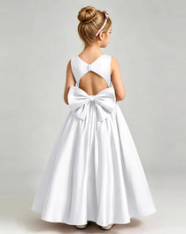 White Flower Girl Dress Cutout Back Oversized Satin Bow A-Line Floor-Length Gown Back Full View 