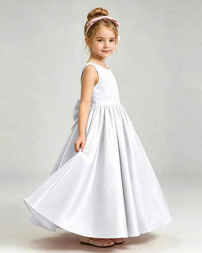 White Flower Girl Dress Cutout Back Oversized Satin Bow A-Line Floor-Length Gown Side Full View 