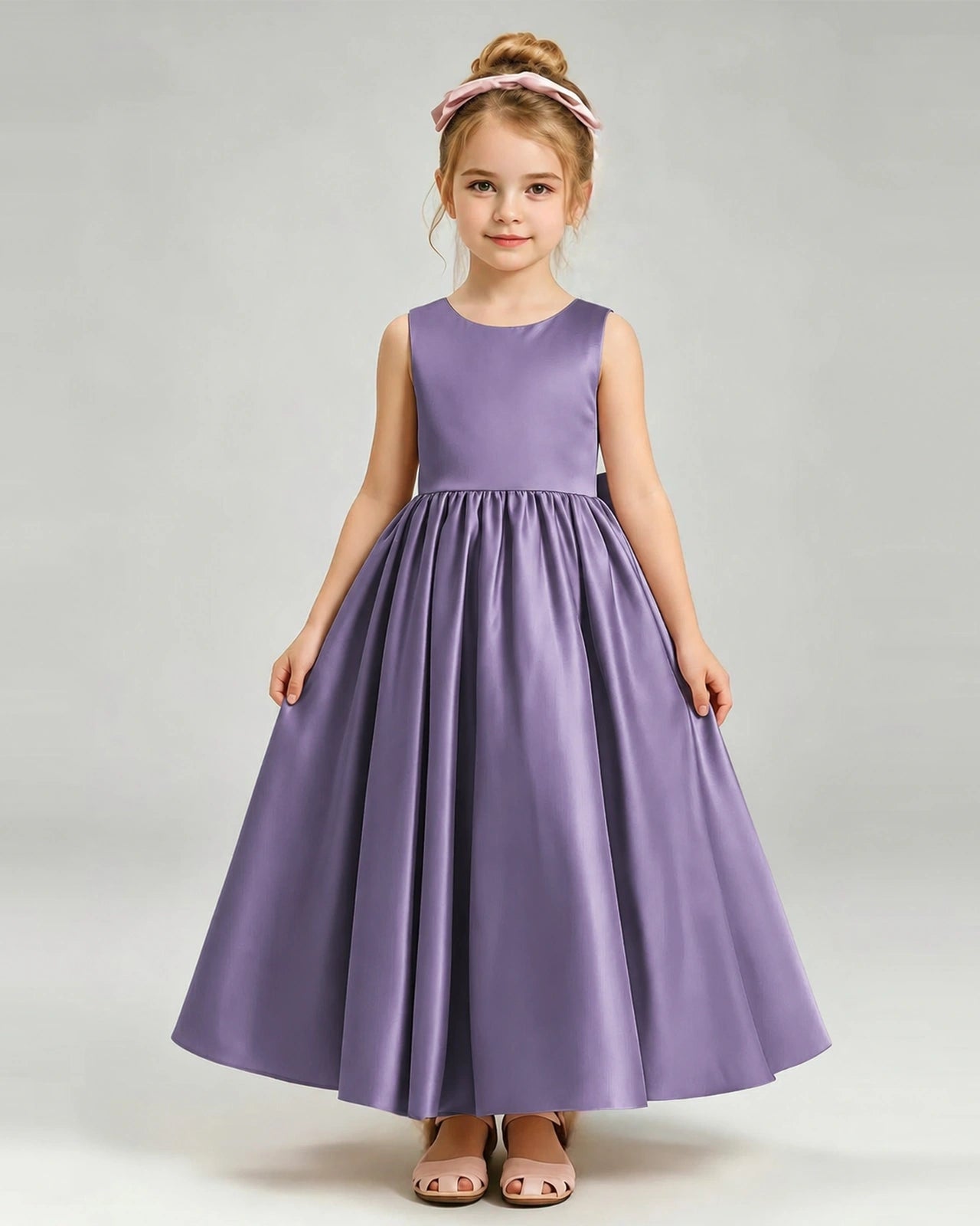 Wisteria Flower Girl Dress Cutout Back Oversized Satin Bow A-Line Floor-Length Gown Front Full View 