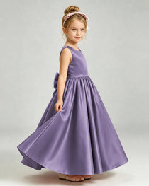 Wisteria Flower Girl Dress Cutout Back Oversized Satin Bow A-Line Floor-Length Gown Side Full View 