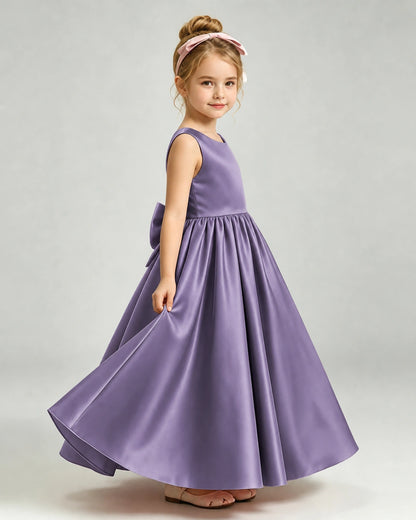 Wisteria Flower Girl Dress Cutout Back Oversized Satin Bow A-Line Floor-Length Gown Side Full View 