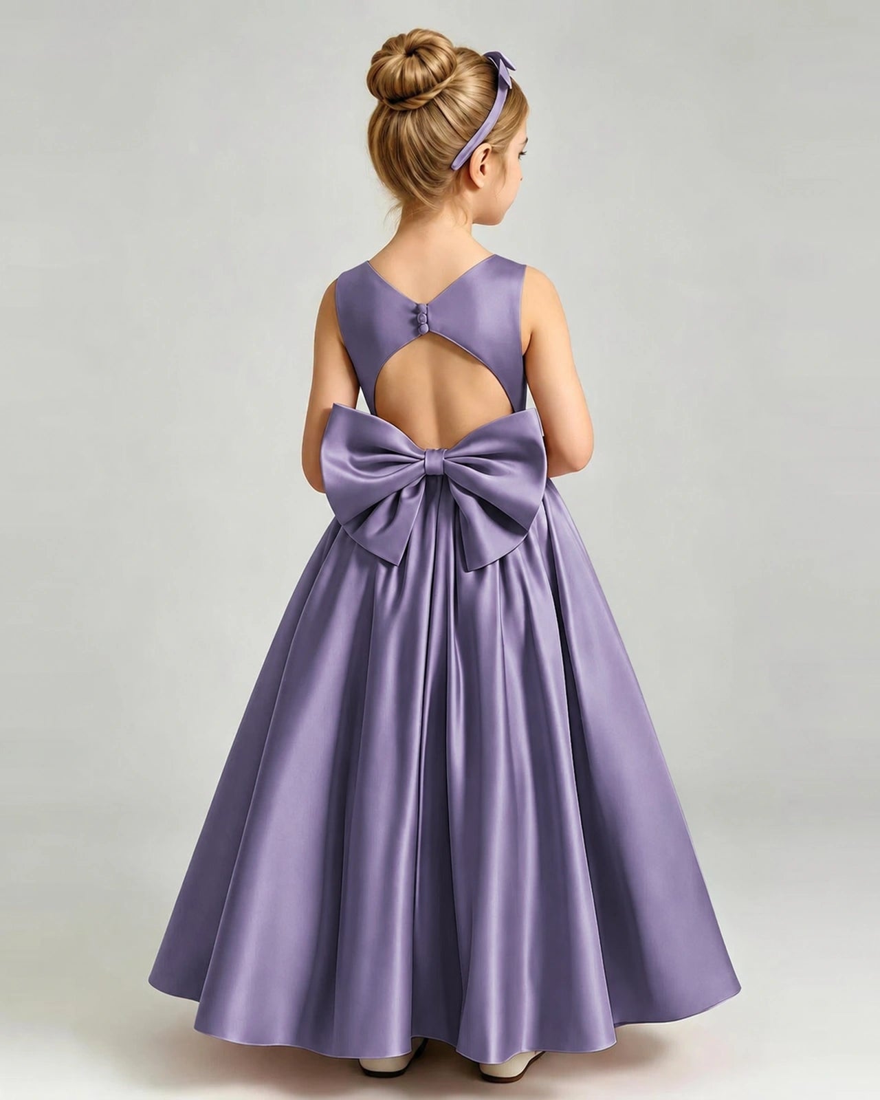 Wisteria Flower Girl Dress Cutout Back Oversized Satin Bow A-Line Floor-Length Gown Back Full View 