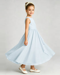 Baby Blue Junior Bridesmaid Dress Asymmetric Drape V-Back Chiffon Midi Dress Side View