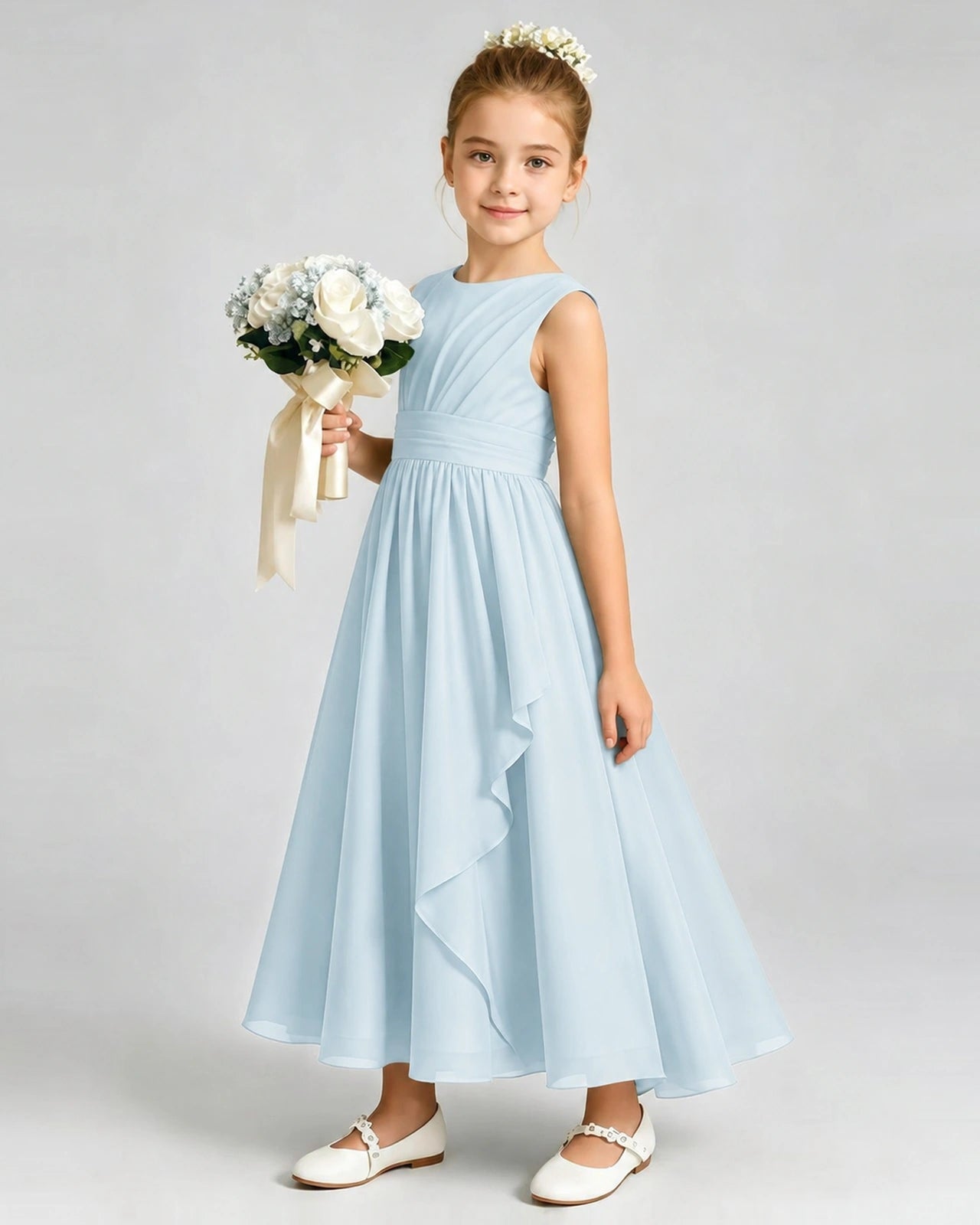Baby Blue Junior Bridesmaid Dress Asymmetric Drape V-Back Chiffon Midi Dress Front View