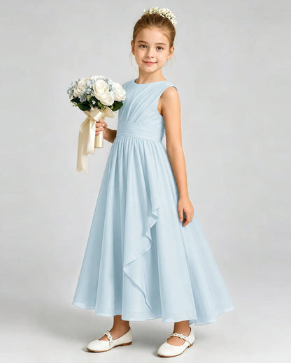 Baby Blue Junior Bridesmaid Dress Asymmetric Drape V-Back Chiffon Midi Dress Front View