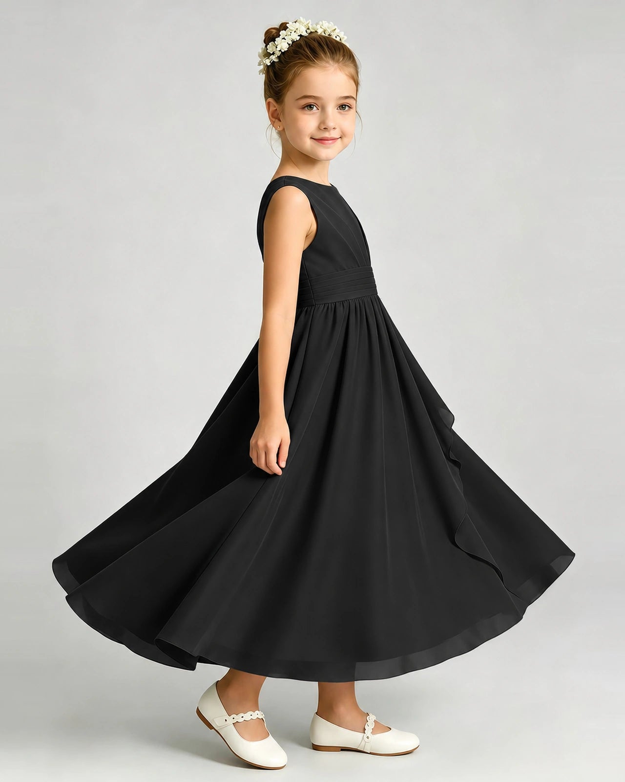 Black Junior Bridesmaid Dress Asymmetric Drape V-Back Chiffon Midi Dress Side View