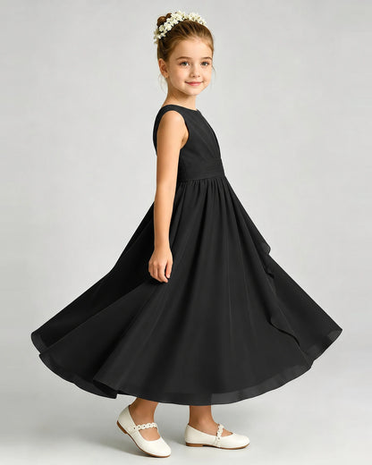 Black Junior Bridesmaid Dress Asymmetric Drape V-Back Chiffon Midi Dress Side View