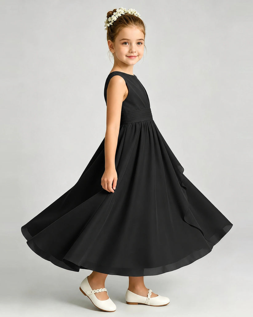 Black Chiffon A-line Junior Bridesmaid Dress Side View