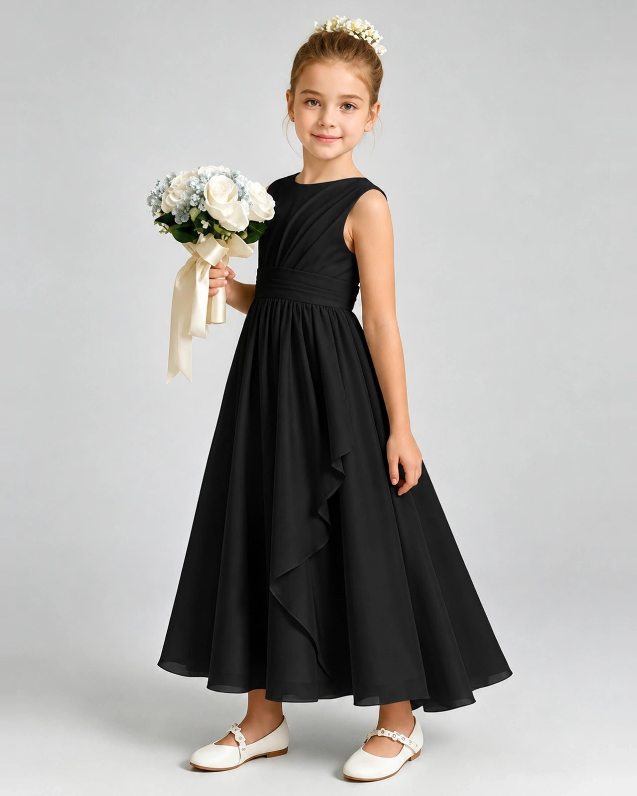 Black Junior Bridesmaid Dress Asymmetric Drape V-Back Chiffon Midi Dress Front View