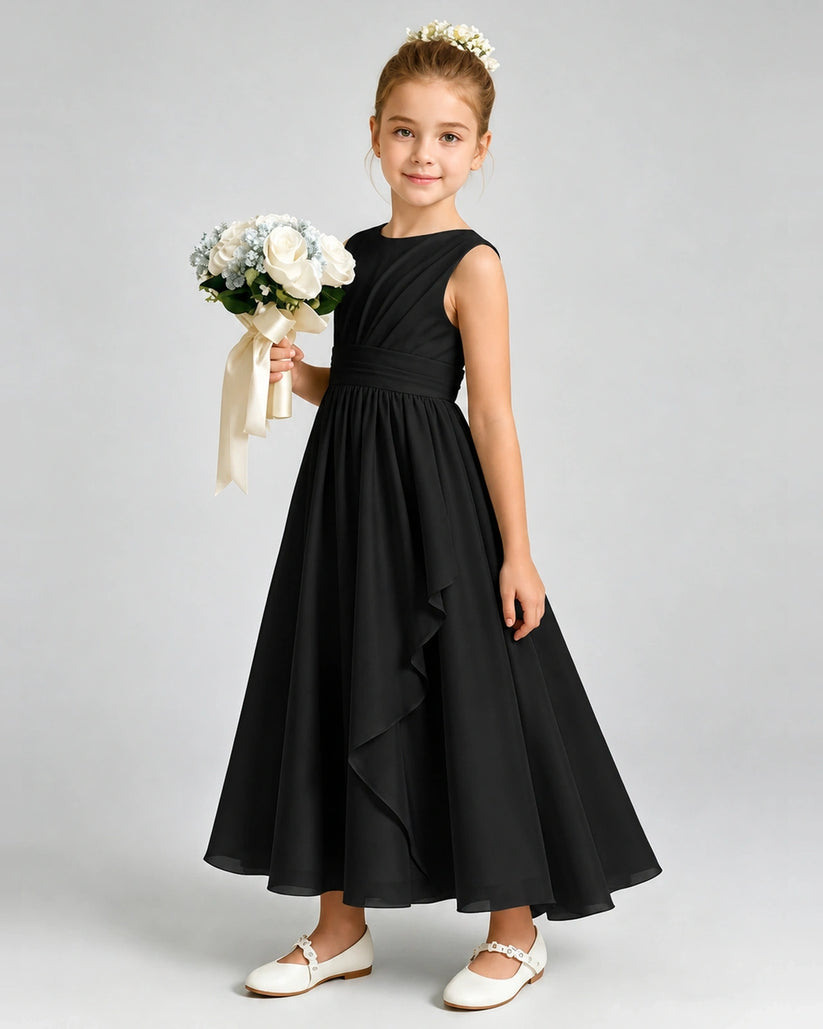 Black Chiffon A-line Junior Bridesmaid Dress Front View