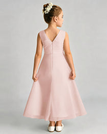 Blush Pink Junior Bridesmaid Dress Asymmetric Drape V-Back Chiffon Midi Dress Back View