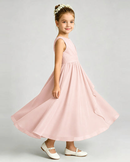 Blush Pink Junior Bridesmaid Dress Asymmetric Drape V-Back Chiffon Midi Dress Side View