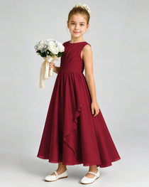 Burgundy Junior Bridesmaid Dress Asymmetric Drape V-Back Chiffon Midi Dress Front View