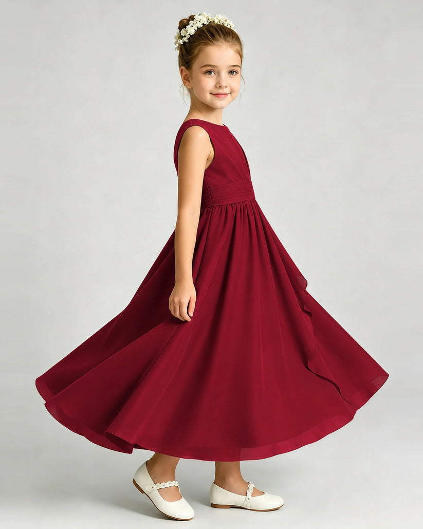 Burgundy Chiffon A-line Junior Bridesmaid Dress Side View